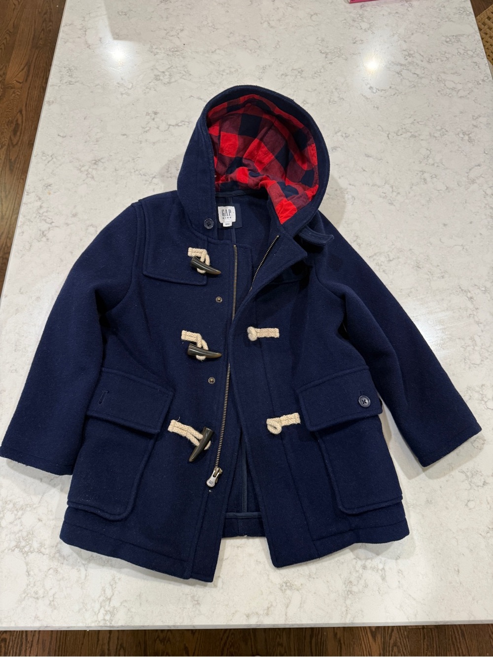 GAP Navy Kids Toggle Coat with Red Plaid Hood Lining